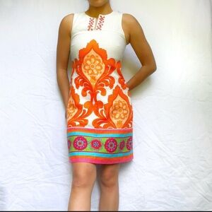 Laundry by Shelli Segal white sleeveless shift dress with an orange and multi
